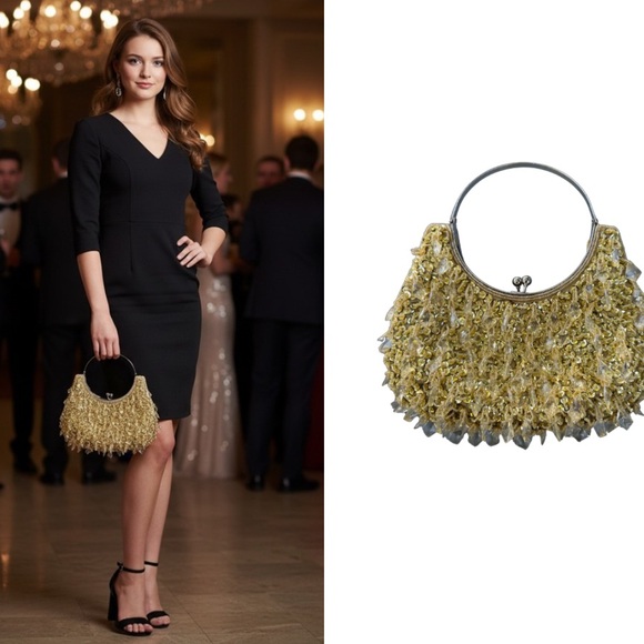 Handbags - Elegant Gold Beaded & Sequin Evening Bag – Glamorous Ring Handle Purse